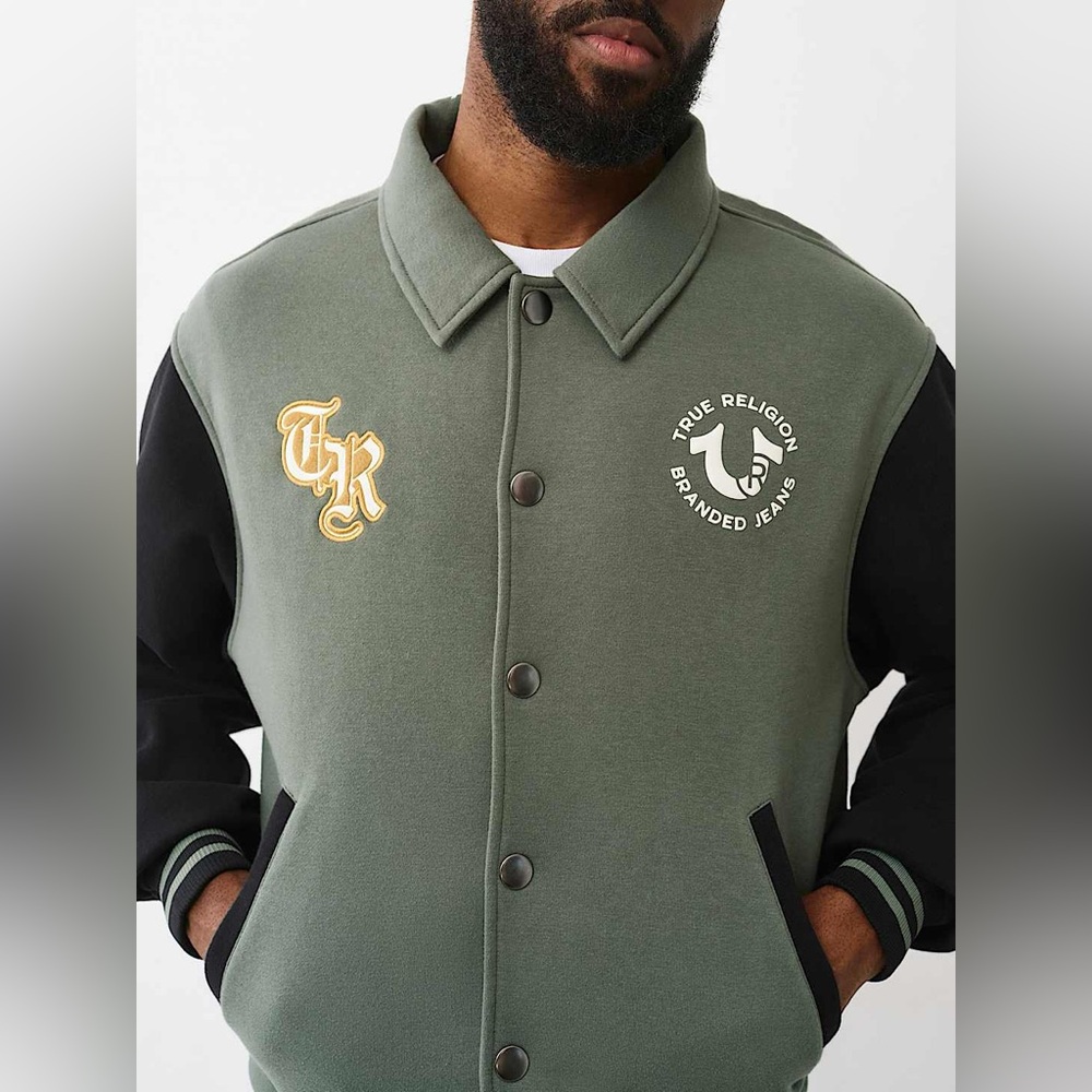 True Religion Olive and Black Logo Varsity Jacket NWT size L